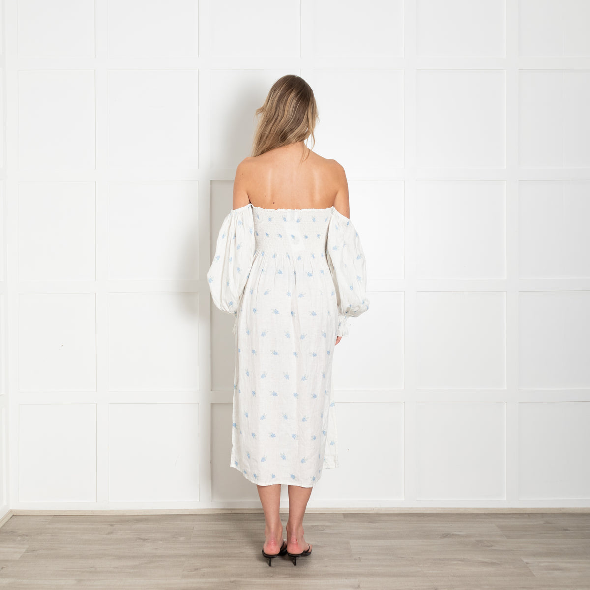 Sleeper Cream Blue Floral Linen Smock Style Dress