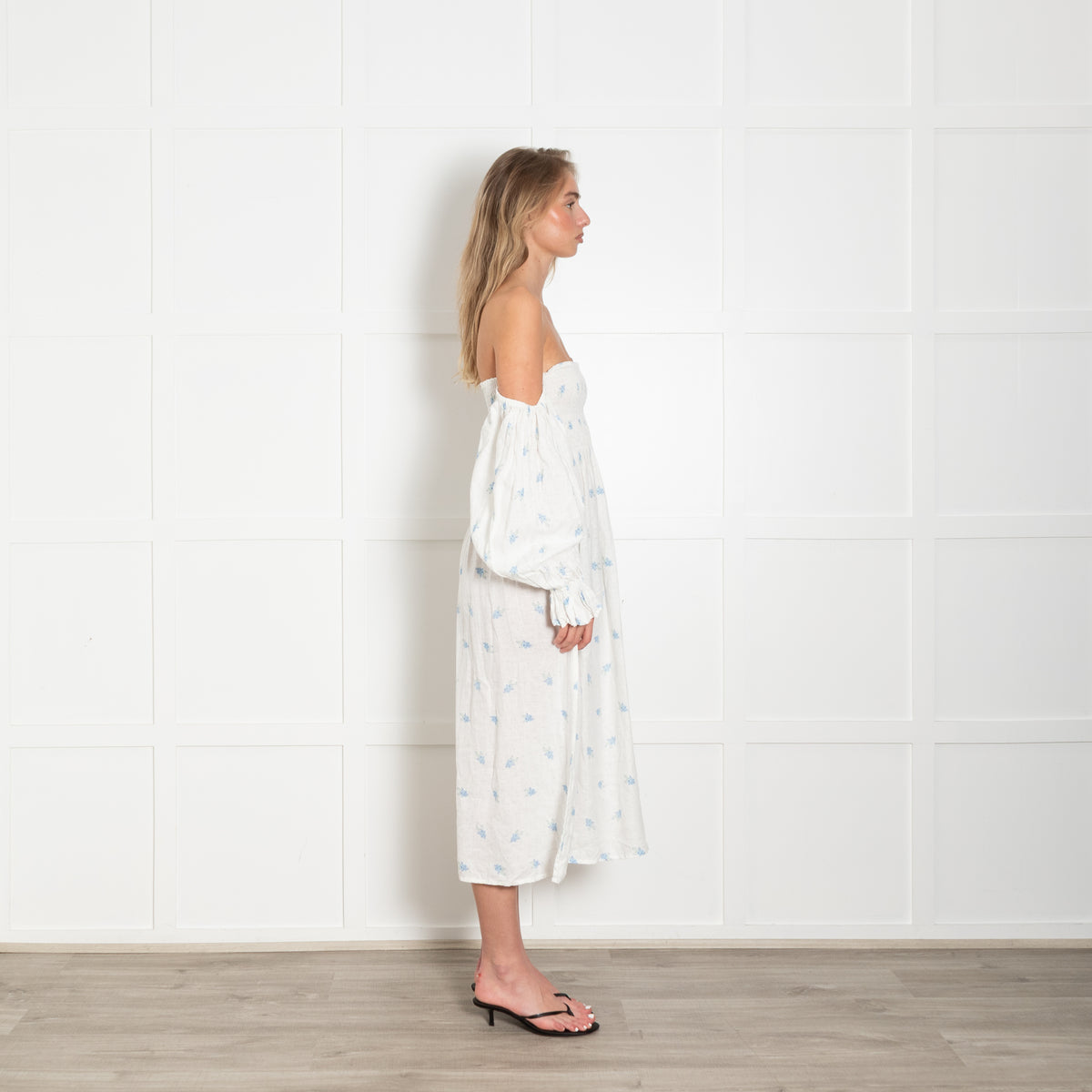 Sleeper Cream Blue Floral Linen Smock Style Dress