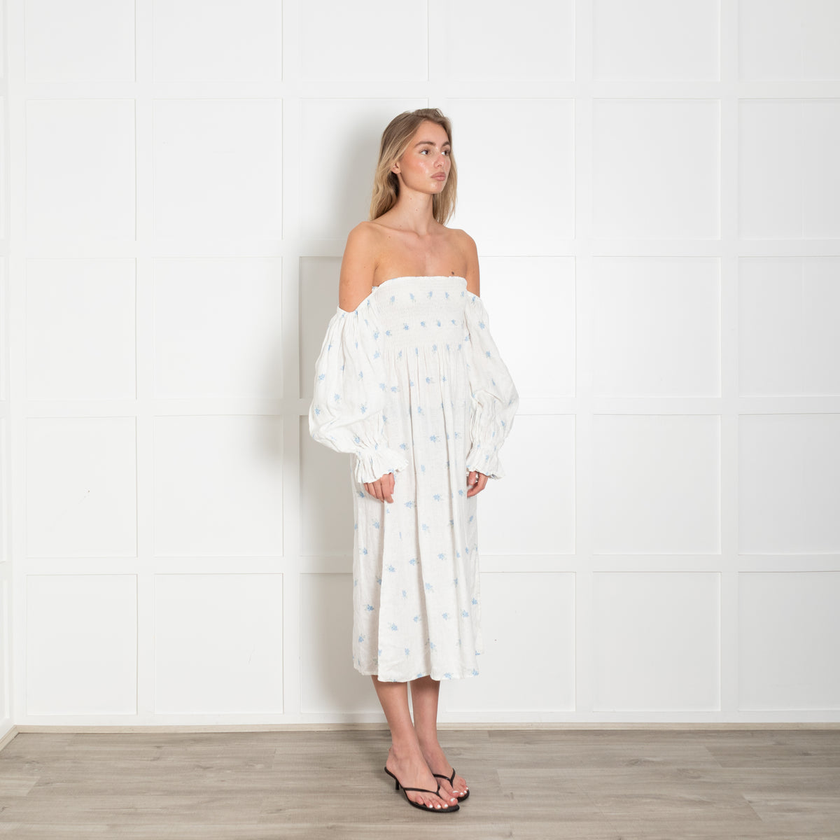 Sleeper Cream Blue Floral Linen Smock Style Dress