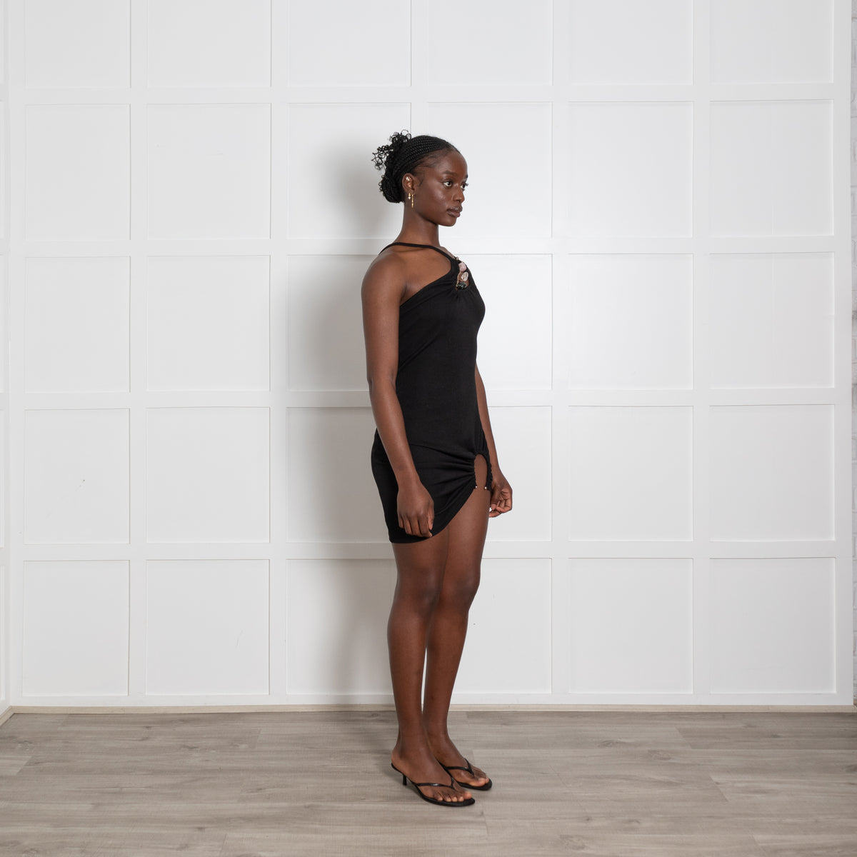 Christopher Esber Black Ribbed Metalwork One Shoulder Mini Dress