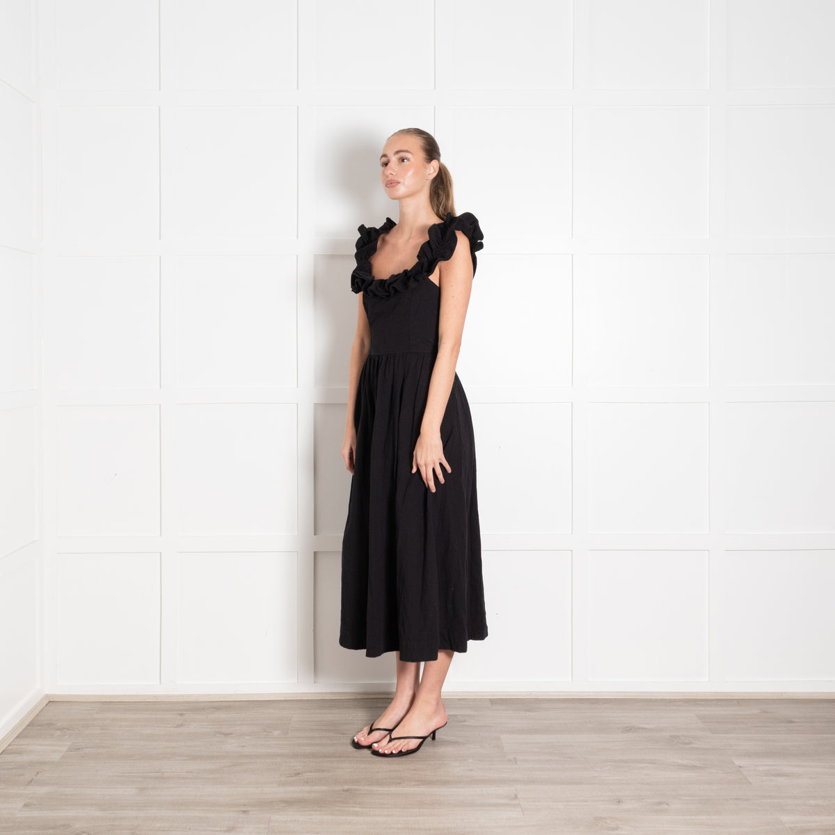 Free People Black Ruffle Straps Tie Back Dress