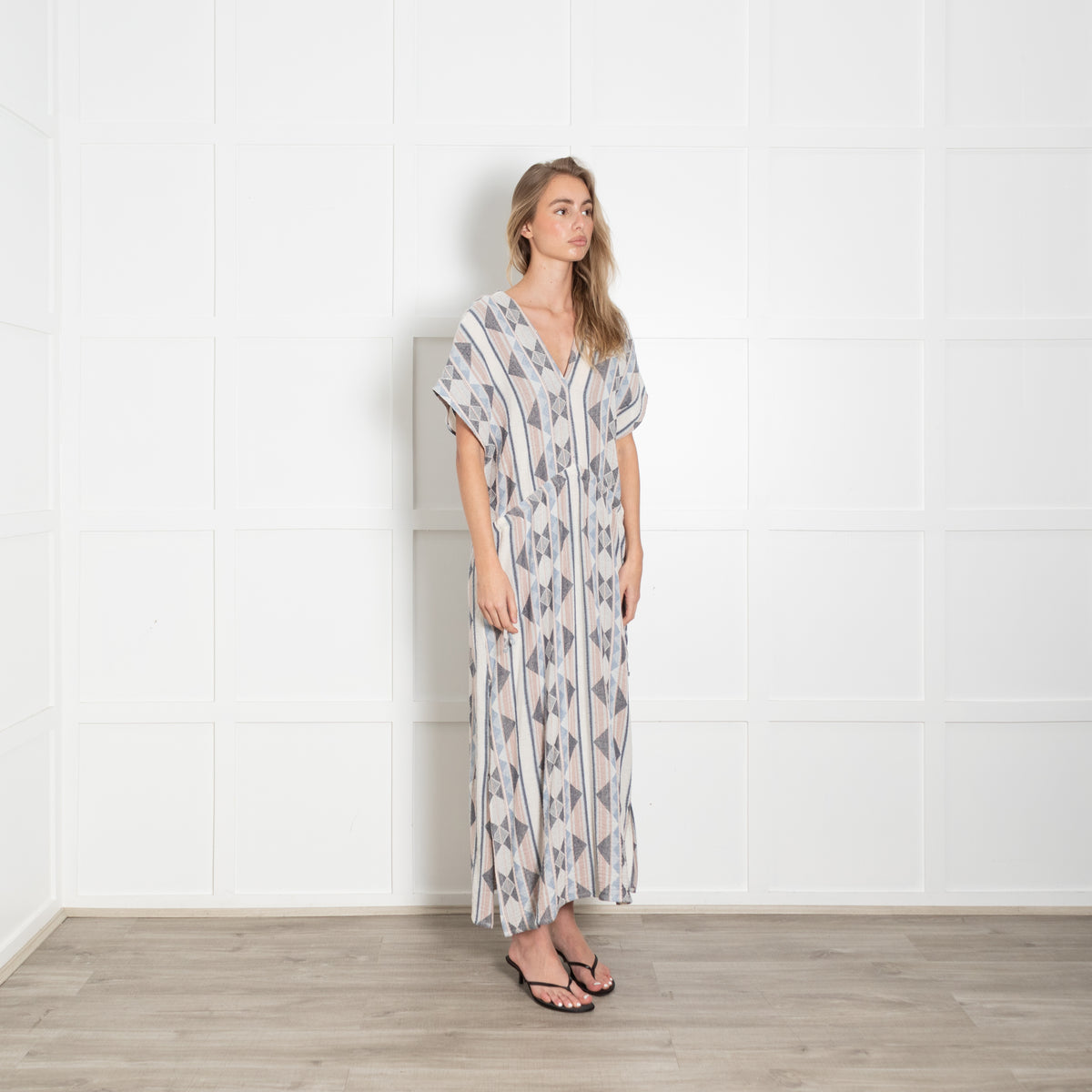 Louizon Pink & Blue Geometric Pattern Drawstring Midi Dress