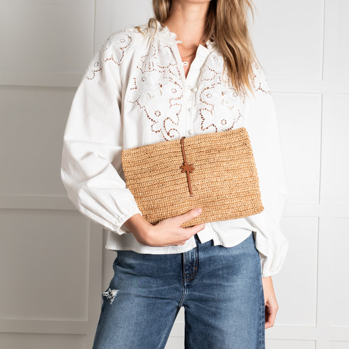 Manebi Raffia Clutch with Leather Palm Tree Closure