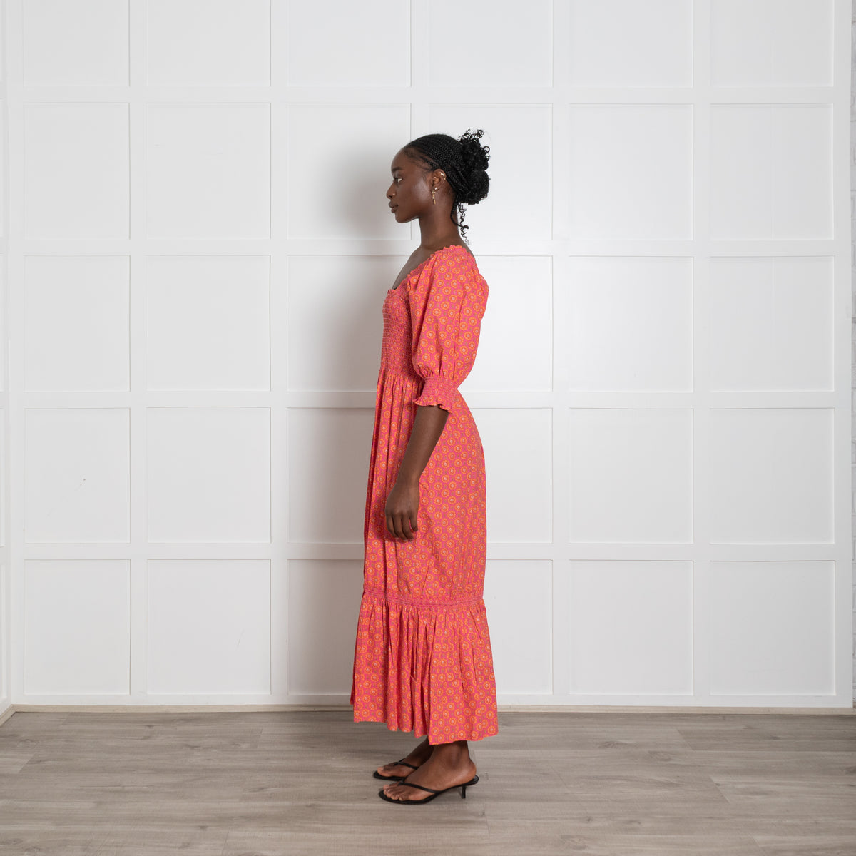 Wyse Pink and Orange Shirred Midi Dress
