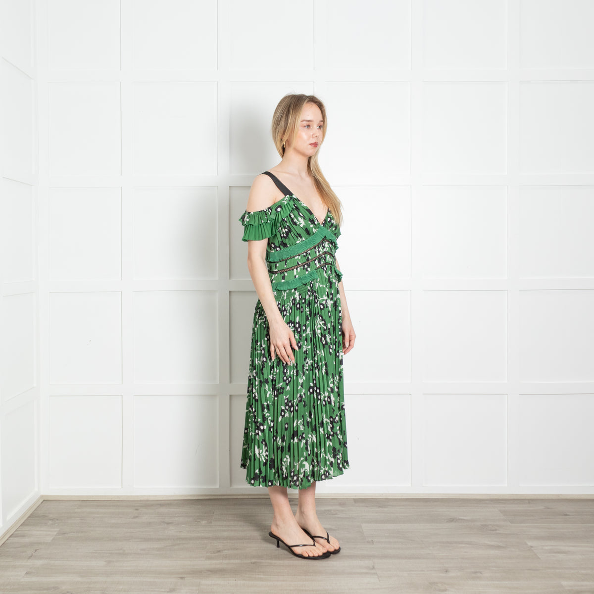 Self-Portrait Green White Black Floral Pleated Sleeveless Midi Dress