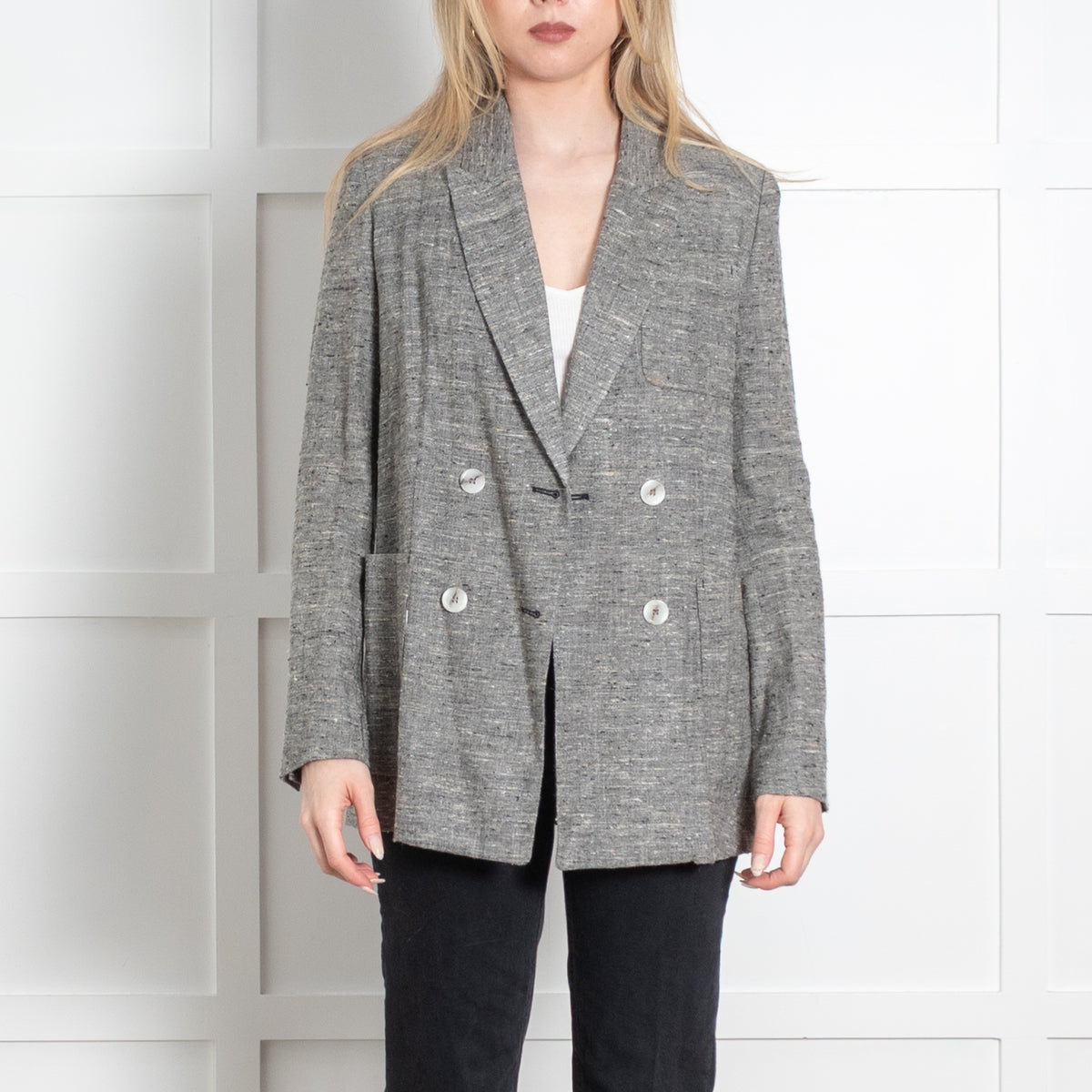 Isabel Marant Grey Fleck Silk Linen Double Breasted Blazer Jacket