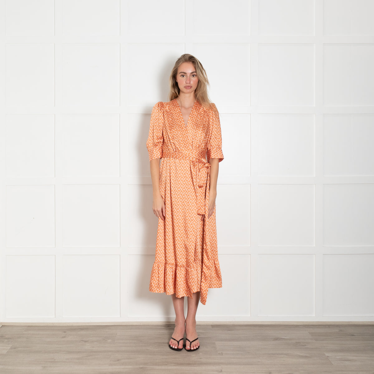Sandro Orange Puff Sleeve Midi Wrap Dress