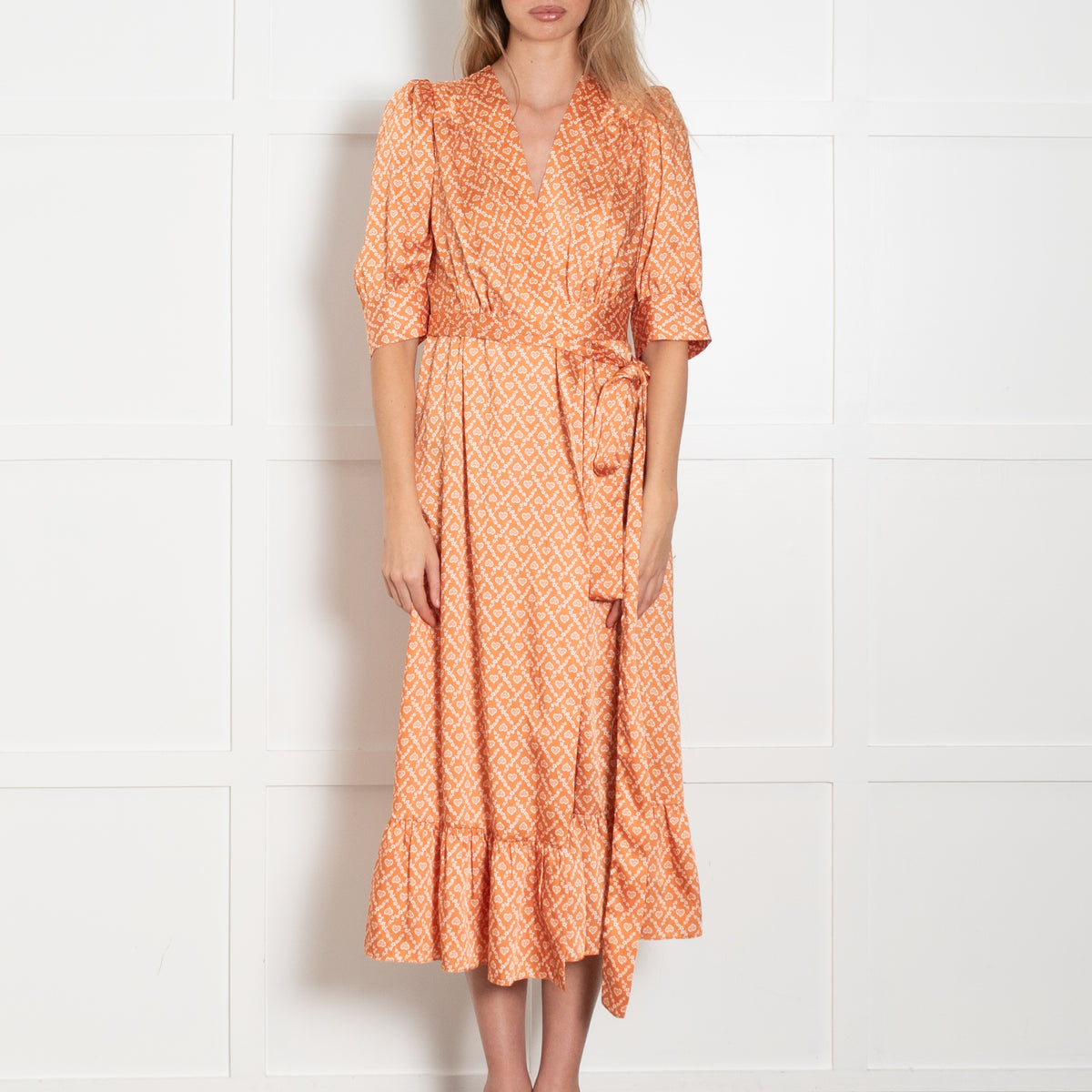 Sandro Orange Puff Sleeve Midi Wrap Dress