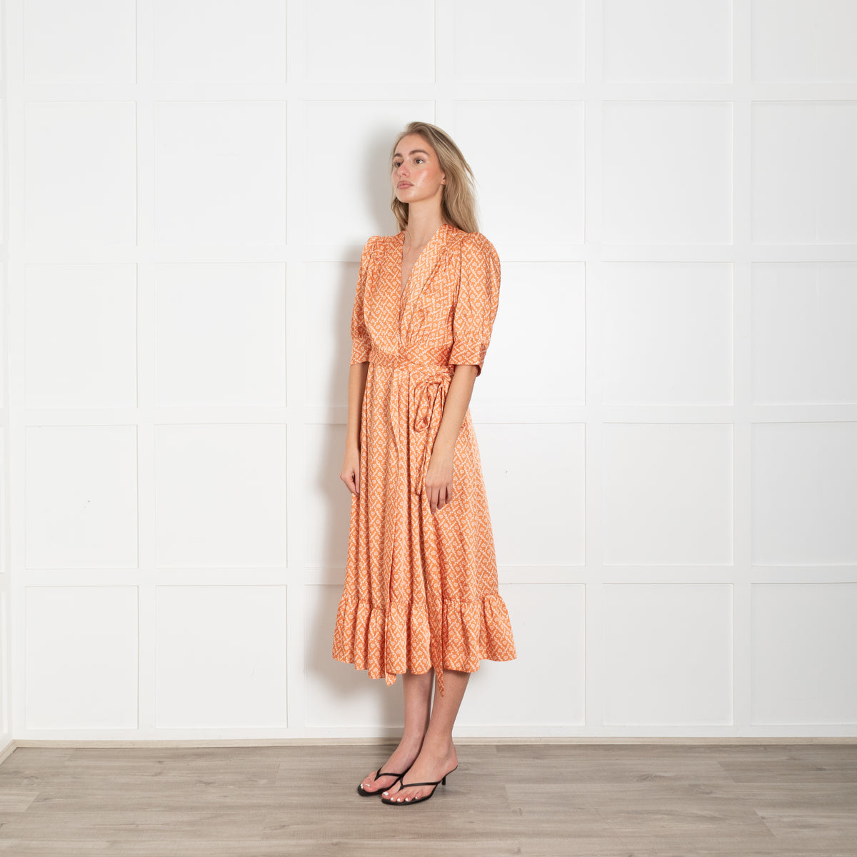 Sandro Orange Puff Sleeve Midi Wrap Dress