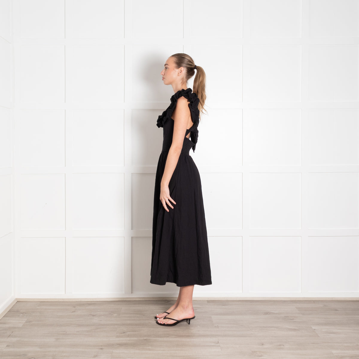 Free People Black Ruffle Straps Tie Back Dress