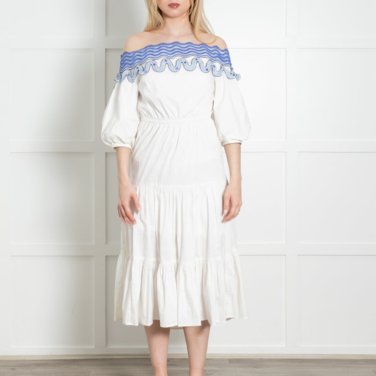 Peter Pilotto White Cotton Blue Lace Trim Tiered Midi Dress