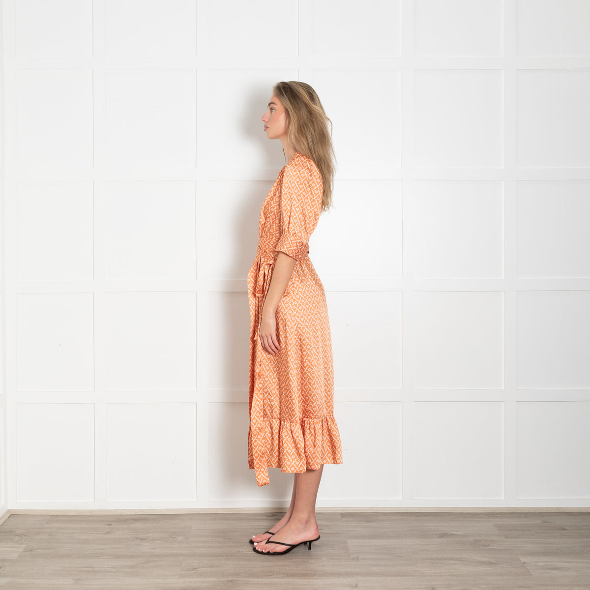 Sandro Orange Puff Sleeve Midi Wrap Dress