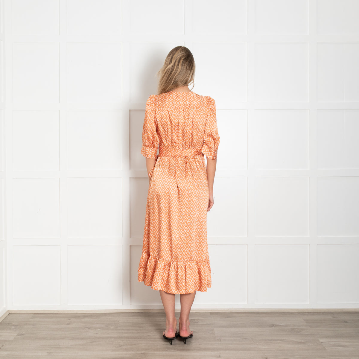 Sandro Orange Puff Sleeve Midi Wrap Dress