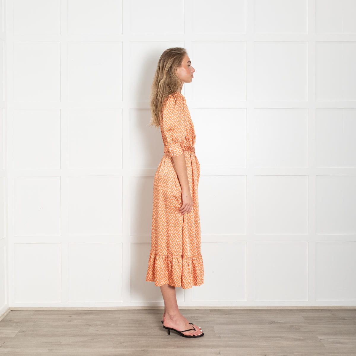 Sandro Orange Puff Sleeve Midi Wrap Dress