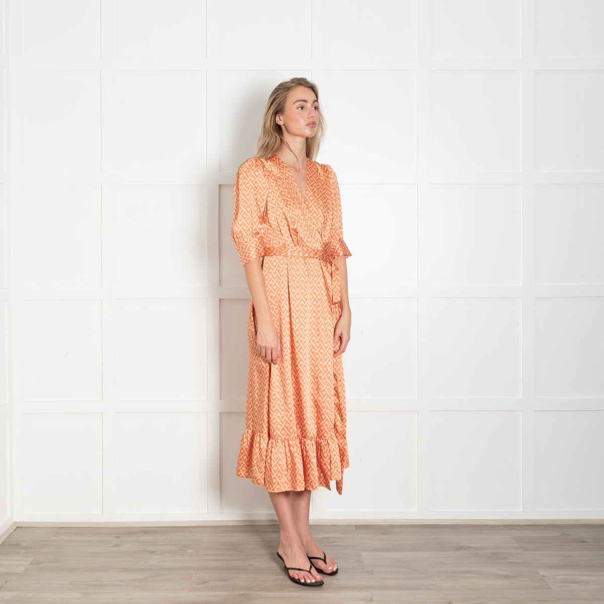 Sandro Orange Puff Sleeve Midi Wrap Dress