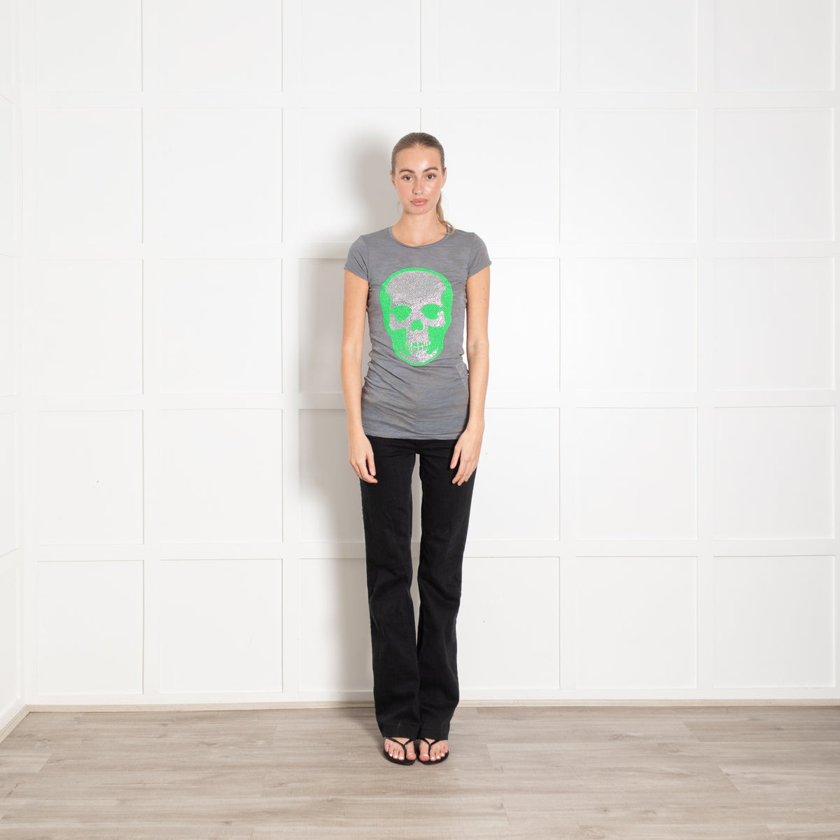 e.vil Teal Neon Green and Silver Skull T-shirt