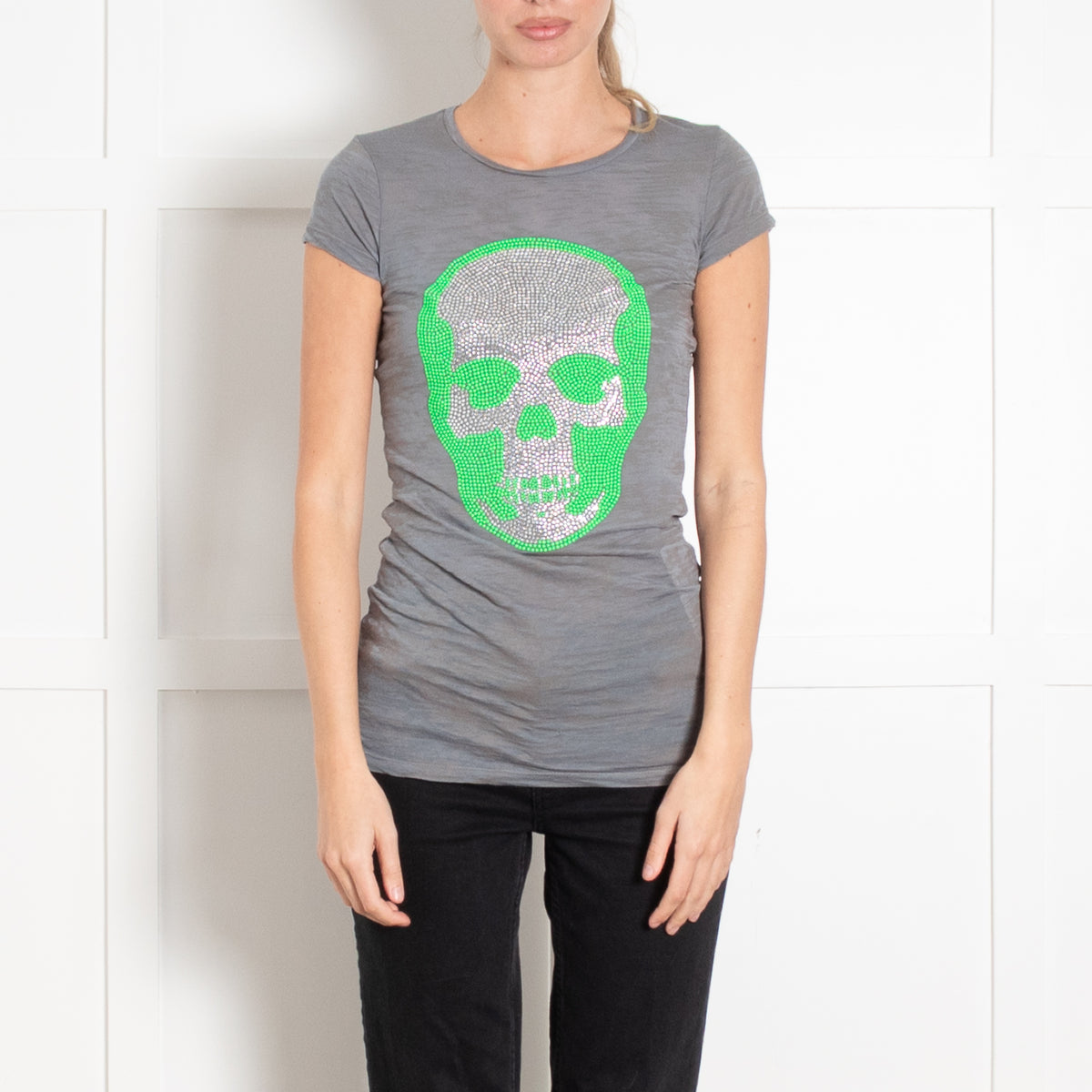 e.vil Teal Neon Green and Silver Skull T-shirt