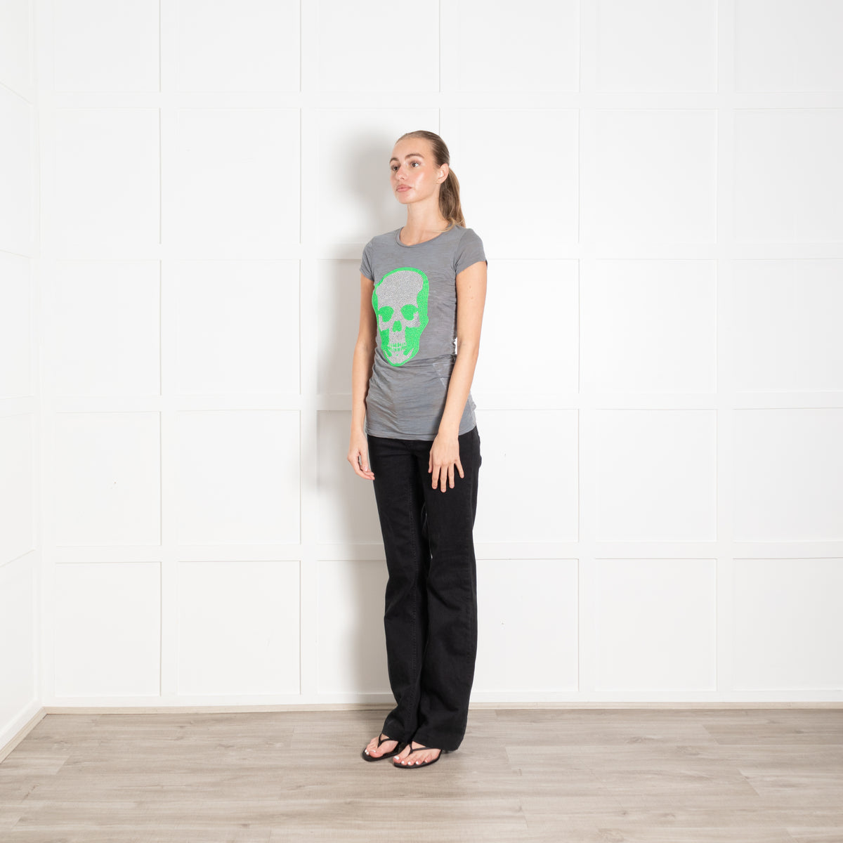 e.vil Teal Neon Green and Silver Skull T-shirt