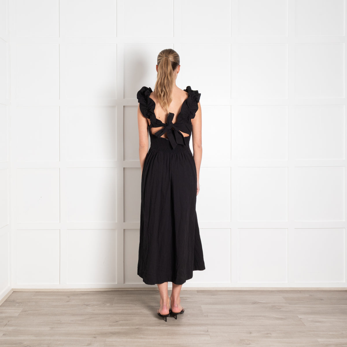 Free People Black Ruffle Straps Tie Back Dress