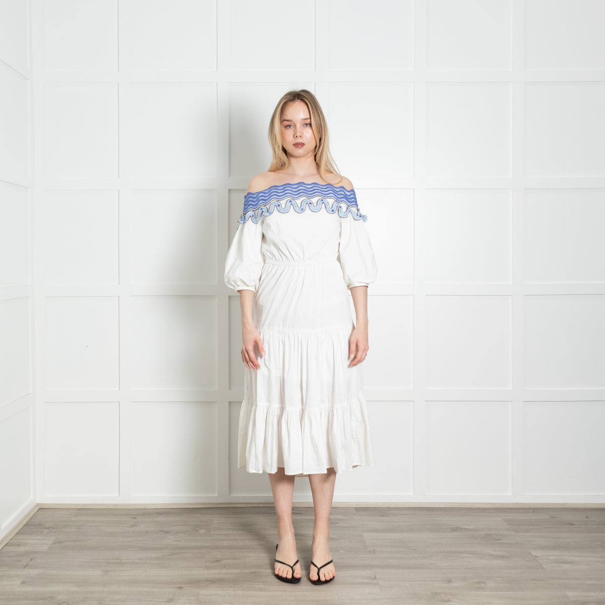 Peter Pilotto White Cotton Blue Lace Trim Tiered Midi Dress