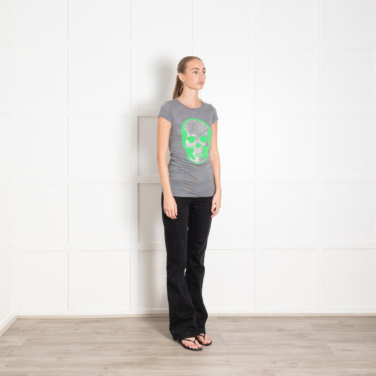 e.vil Teal Neon Green and Silver Skull T-shirt