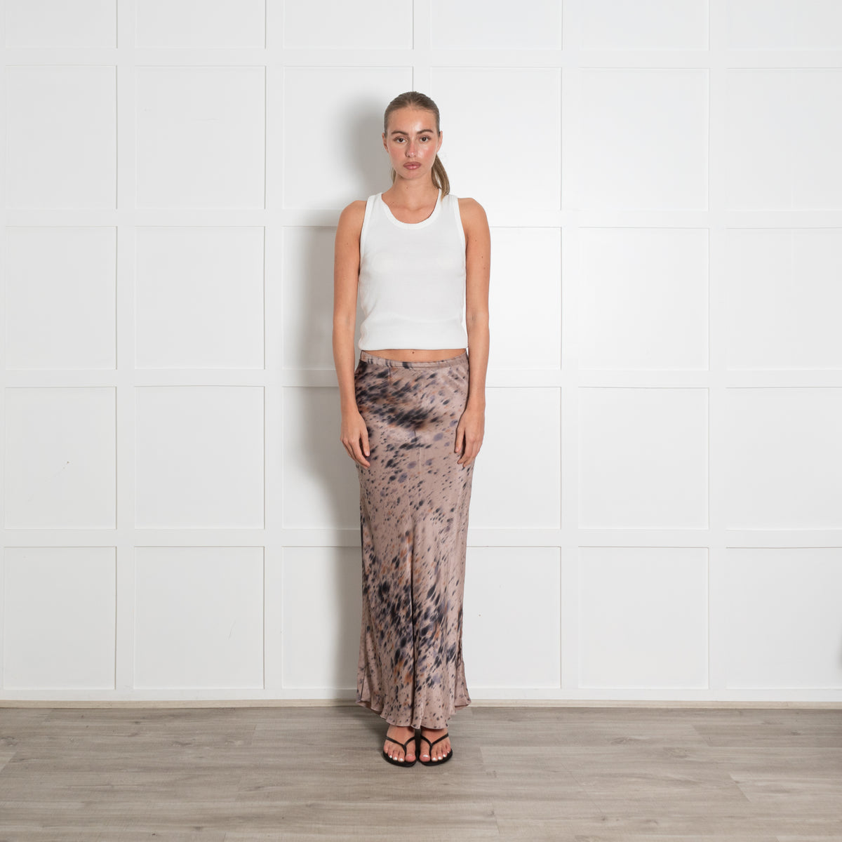 Rabens Saloner Taupe Tie Dye Maxi Slip Skirt