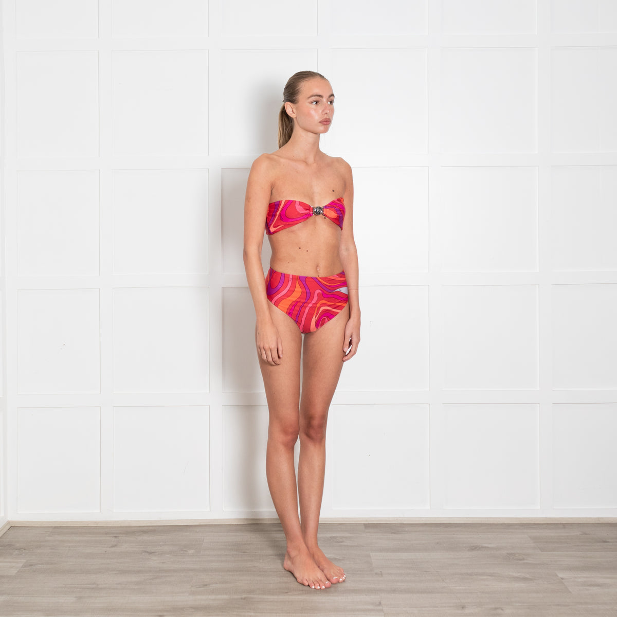 Emilio Pucci Red and Pink Swirl High Waist Bandeau Bikini