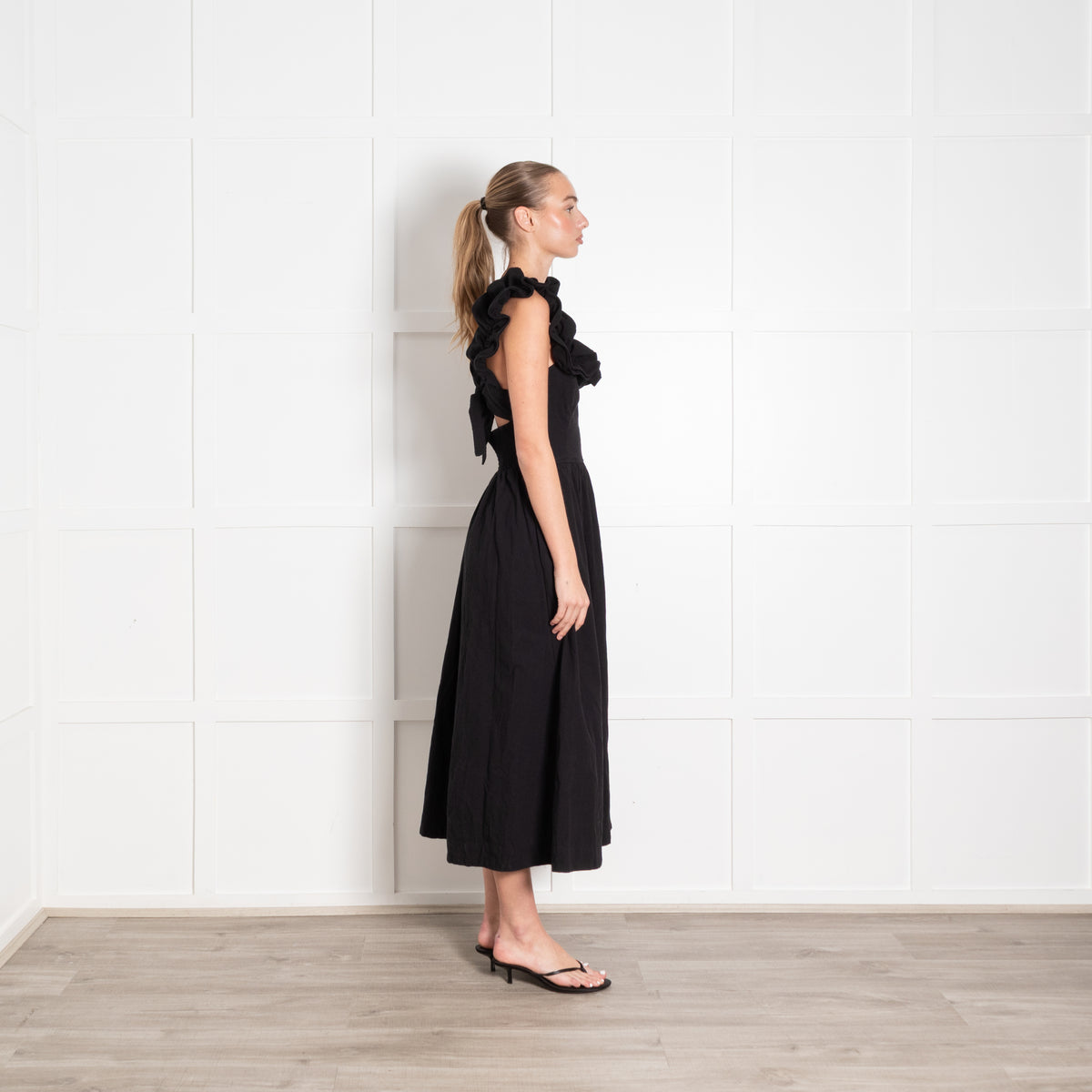 Free People Black Ruffle Straps Tie Back Dress