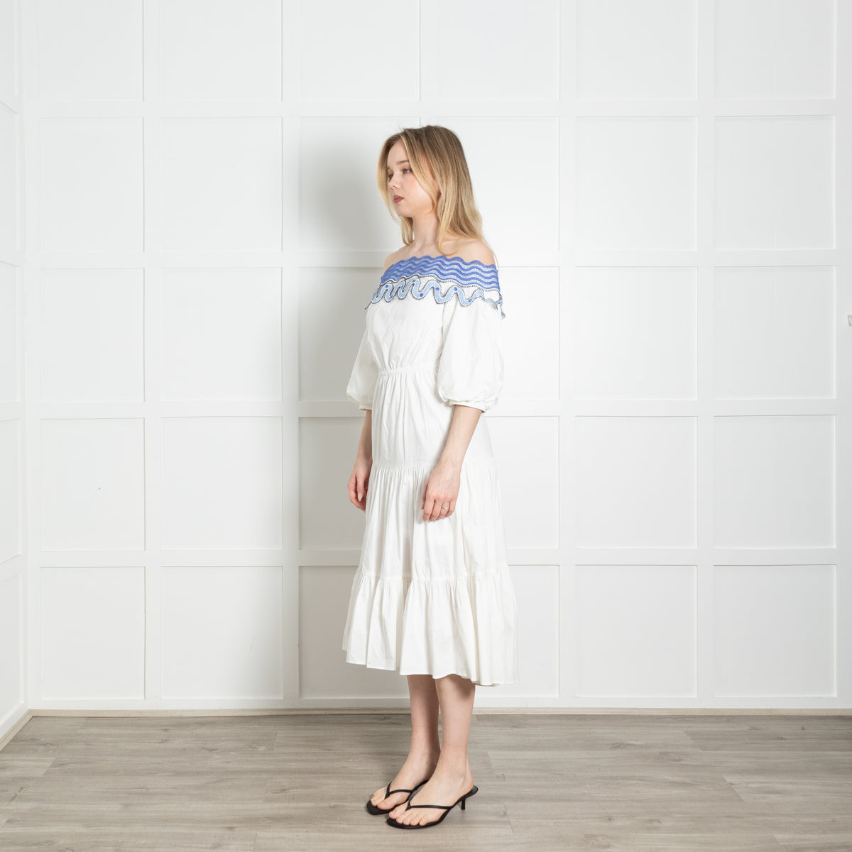 Peter Pilotto White Cotton Blue Lace Trim Tiered Midi Dress