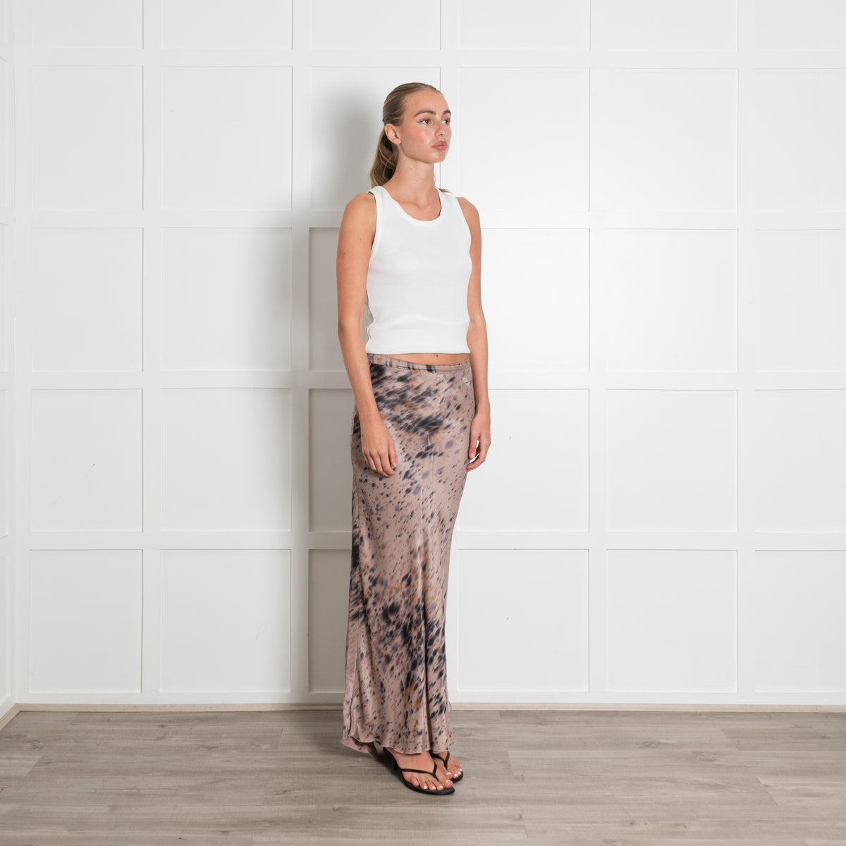 Rabens Saloner Taupe Tie Dye Maxi Slip Skirt