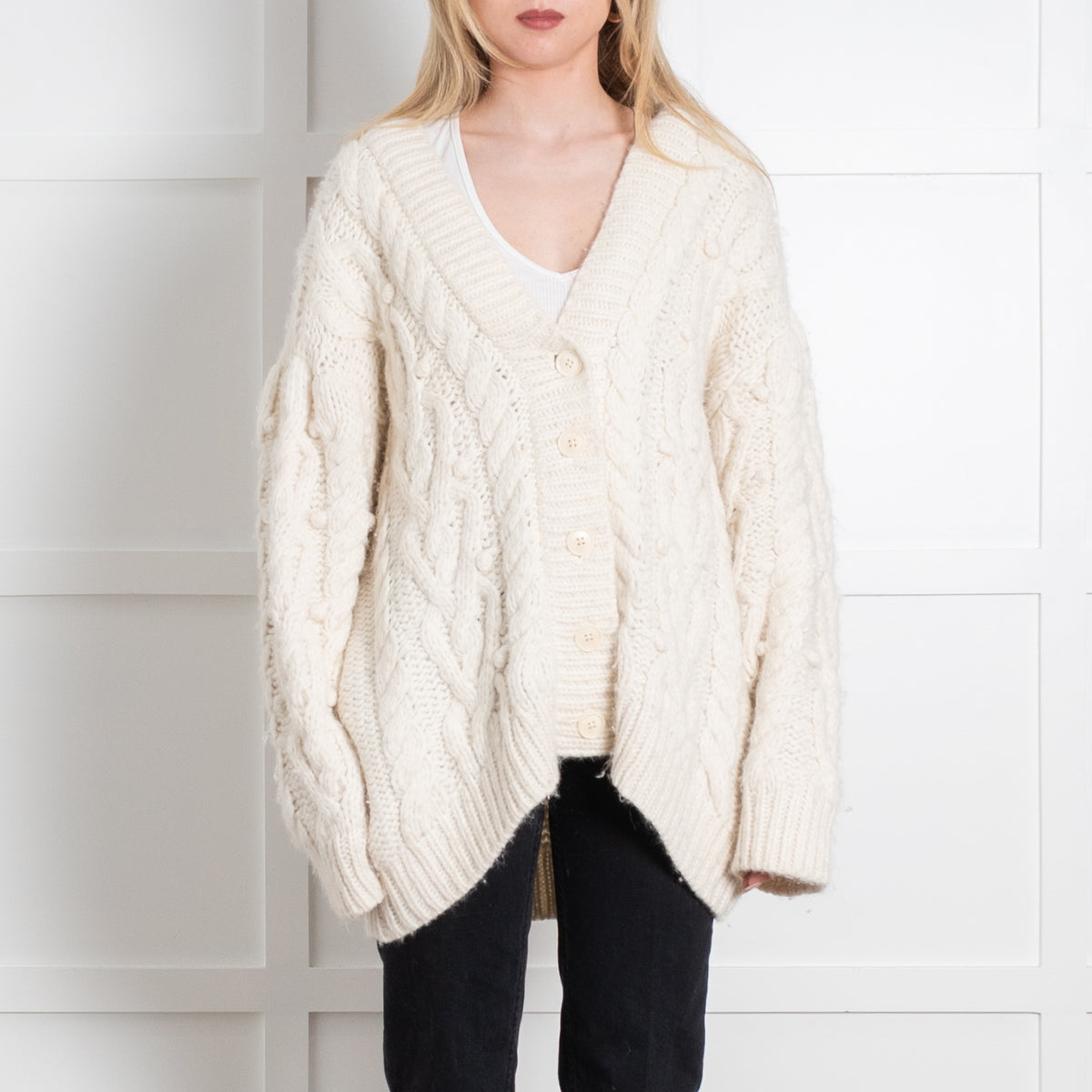 LoveShackFancy Cream Cable Baby Alpaca Blend Cardigan
