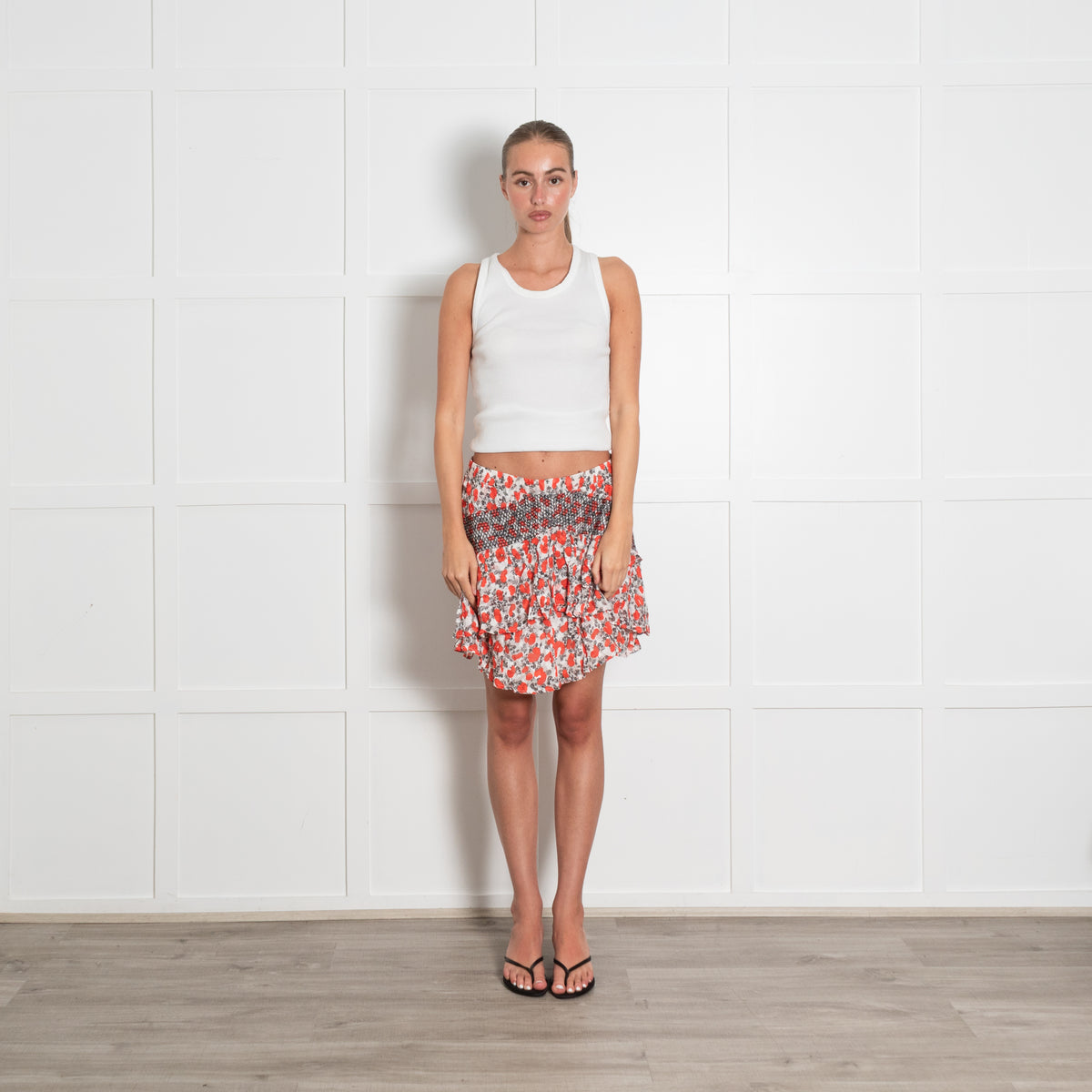 Iro Red and White Smock Waist Mini Skirt