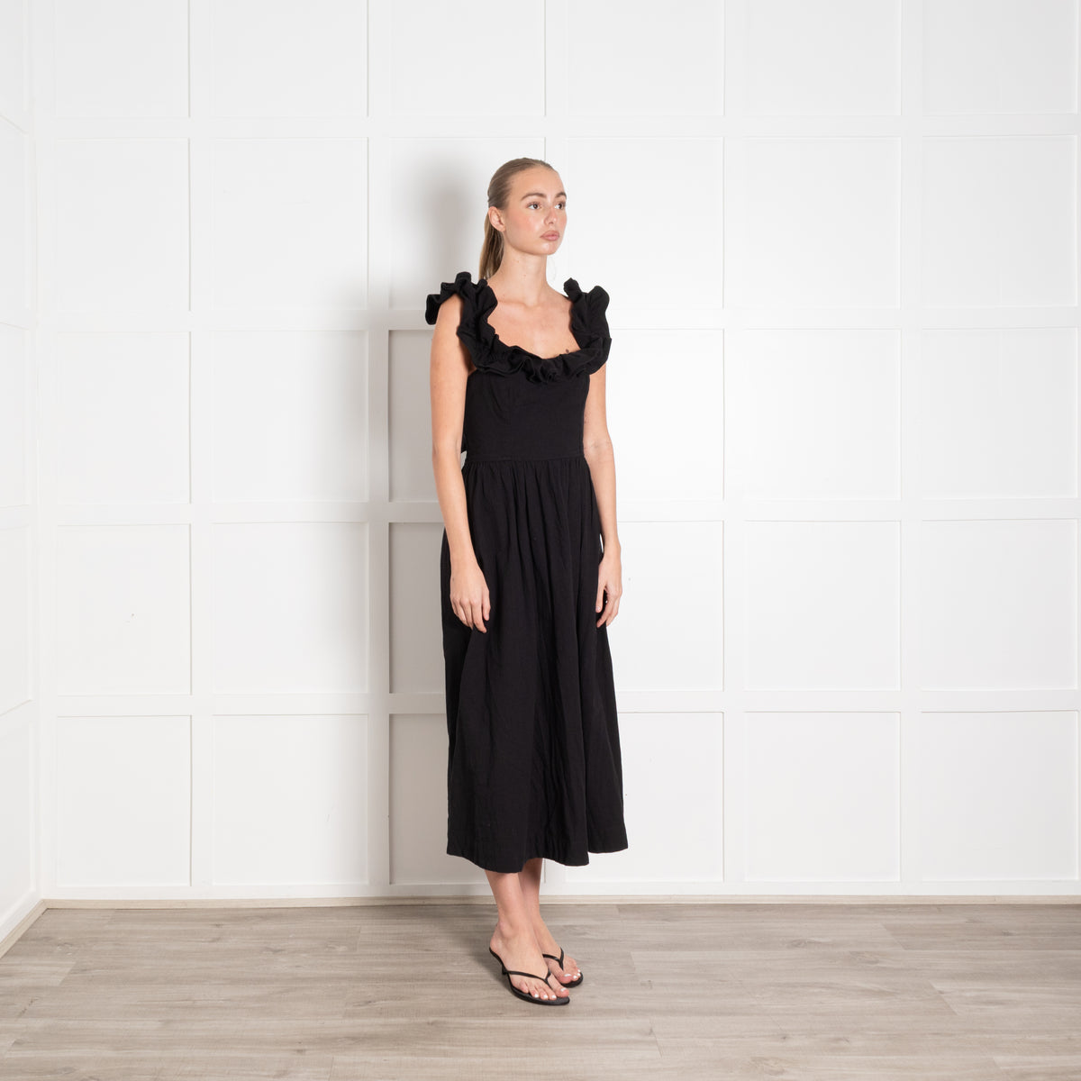 Free People Black Ruffle Straps Tie Back Dress