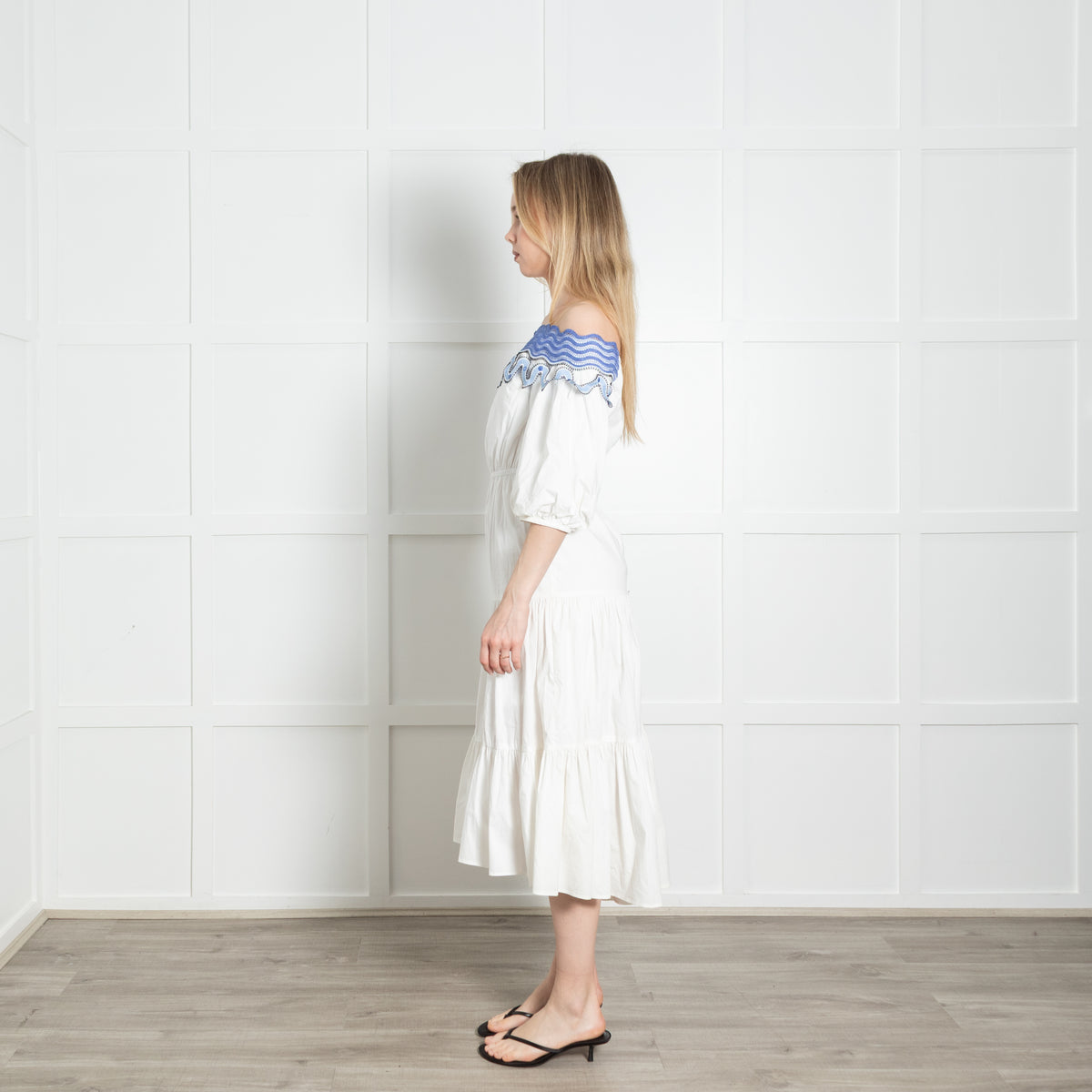 Peter Pilotto White Cotton Blue Lace Trim Tiered Midi Dress