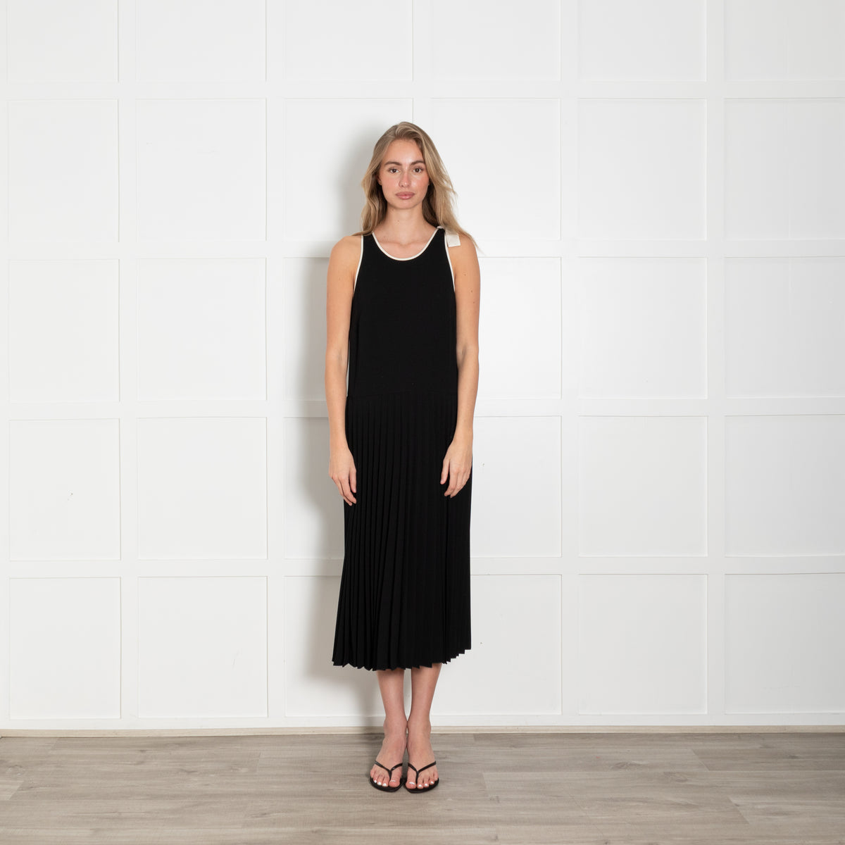Red Valentino Black Pleated Drop Waist Dress with Tie Neck