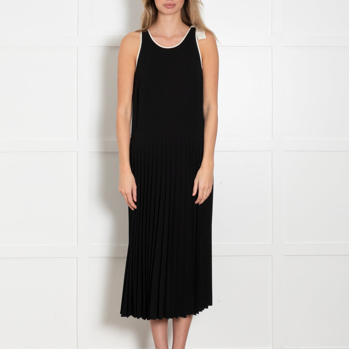 Red Valentino Black Pleated Drop Waist Dress with Tie Neck