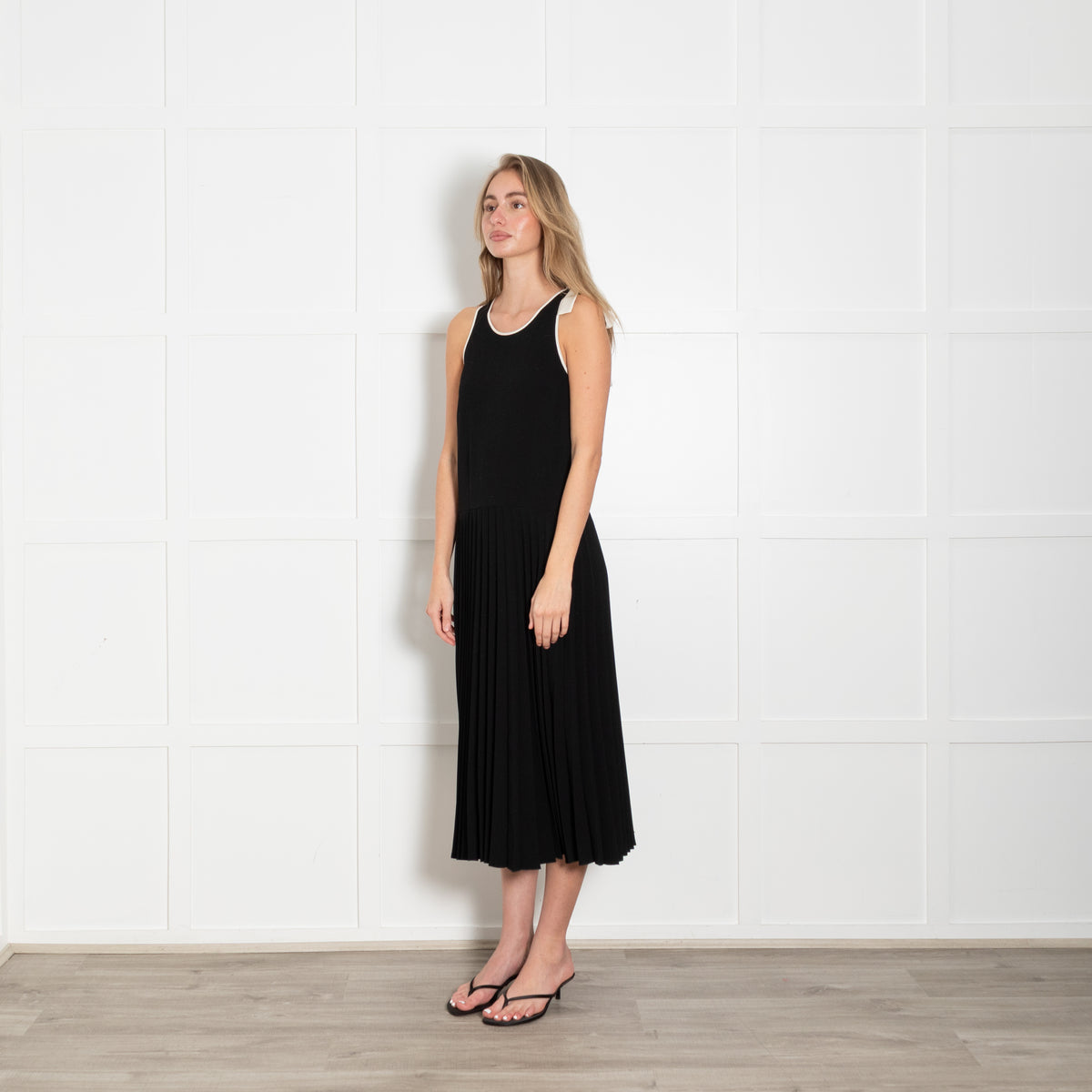 Red Valentino Black Pleated Drop Waist Dress with Tie Neck