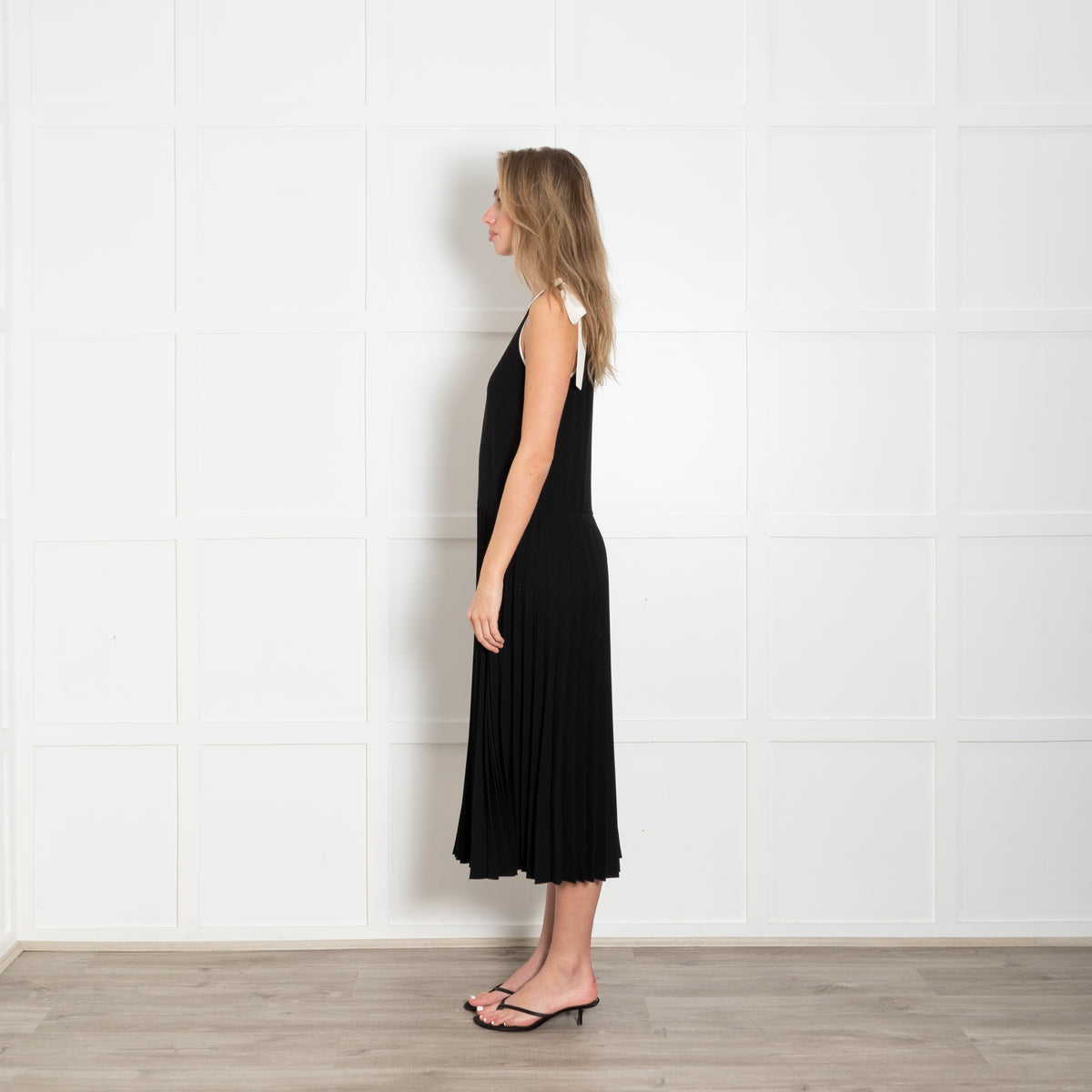 Red Valentino Black Pleated Drop Waist Dress with Tie Neck