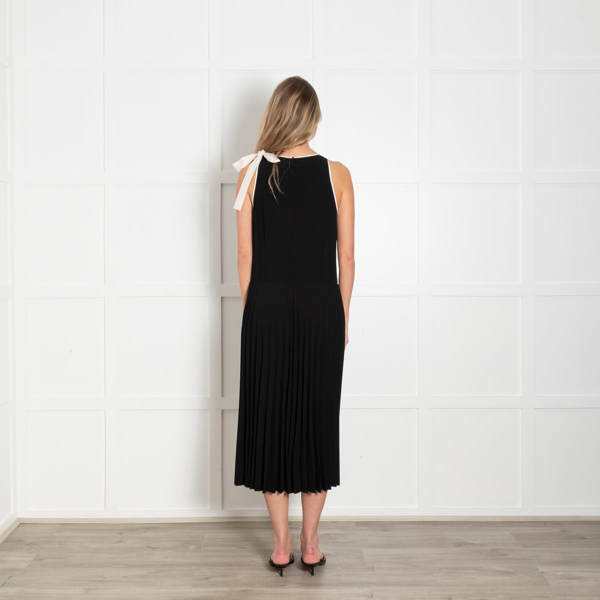 Red Valentino Black Pleated Drop Waist Dress with Tie Neck