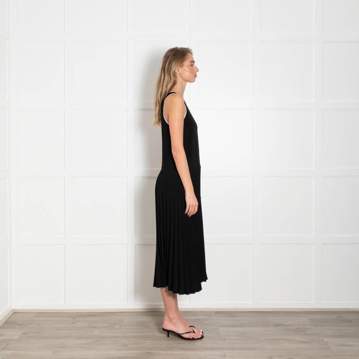 Red Valentino Black Pleated Drop Waist Dress with Tie Neck