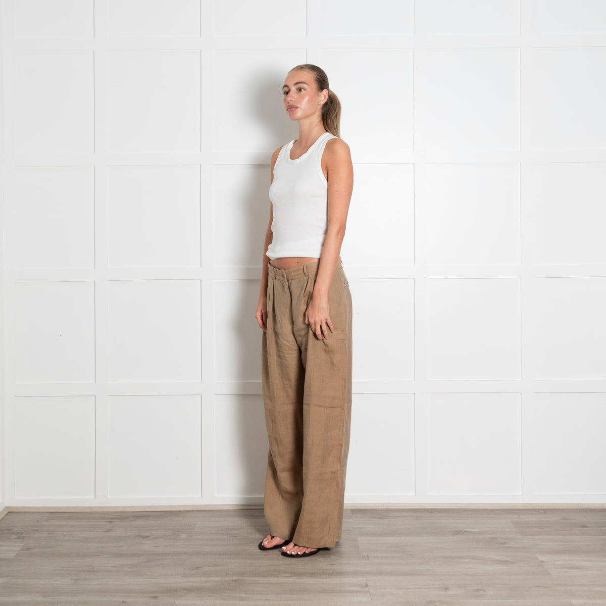 Mes Demoiselles Khaki Linen Look Studded Cigarette Pant
