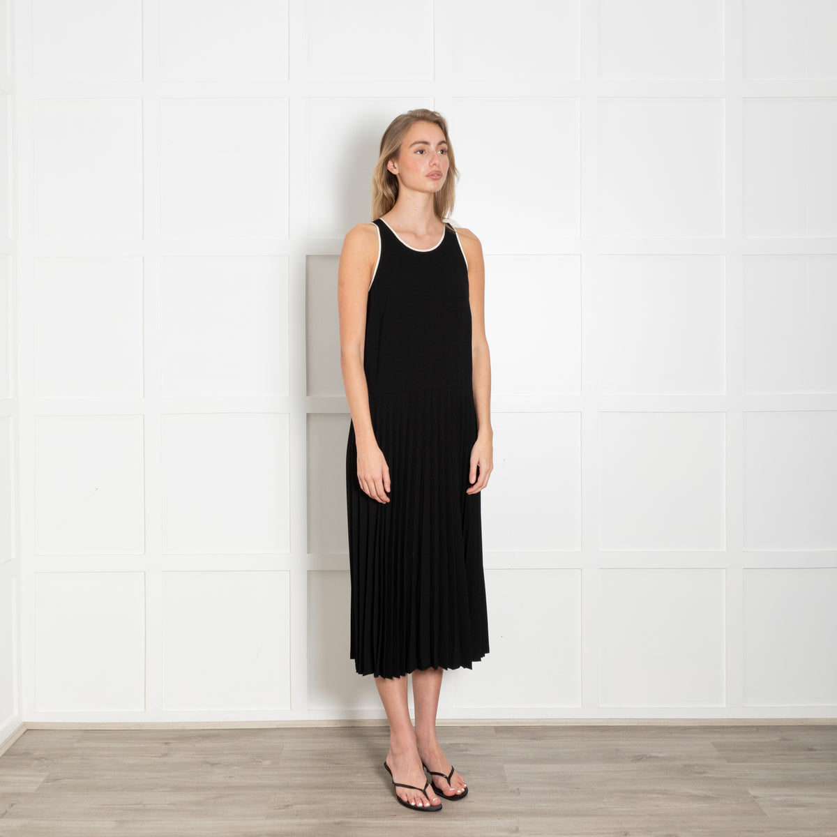 Red Valentino Black Pleated Drop Waist Dress with Tie Neck