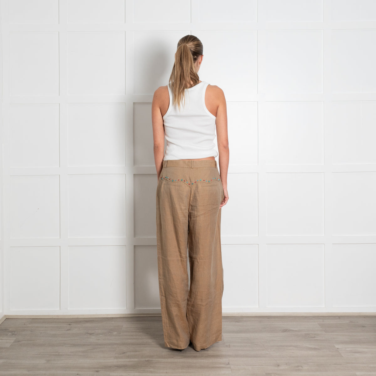 Mes Demoiselles Khaki Linen Look Studded Cigarette Pant