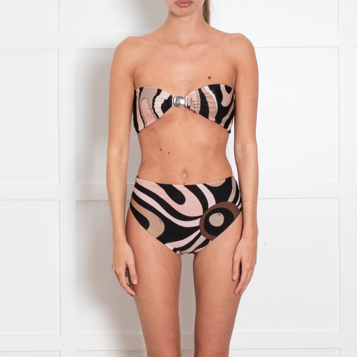 Emilio Pucci Black and Taupe Swirl Bandeau High Waist Bikini