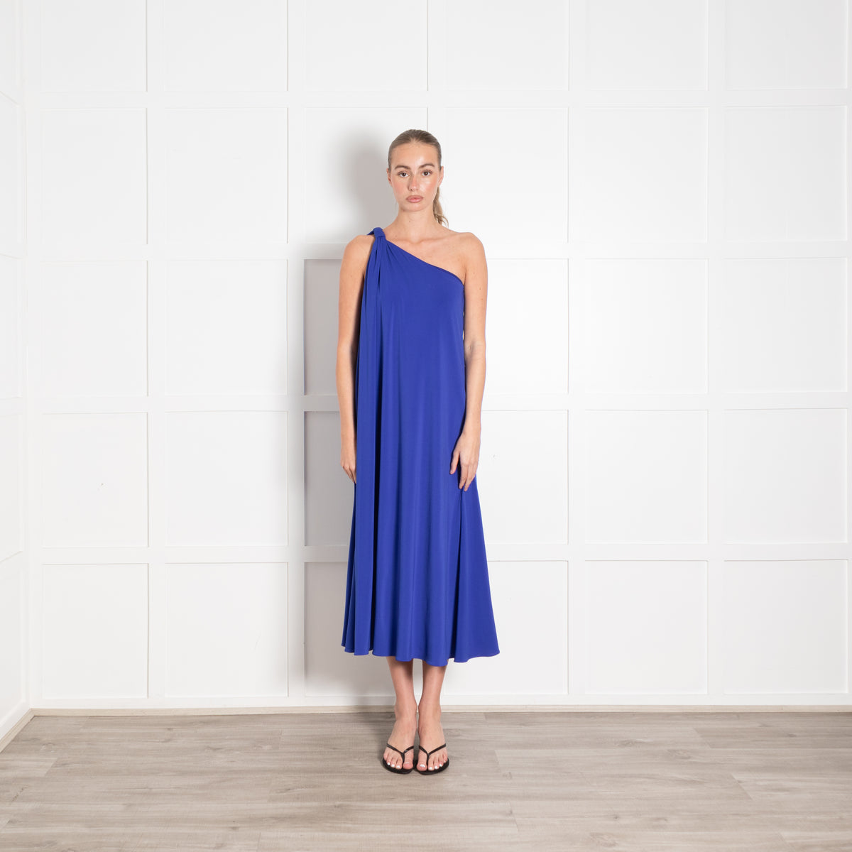 Halston Royal Blue One Shoulder Jersey Maxi Dress