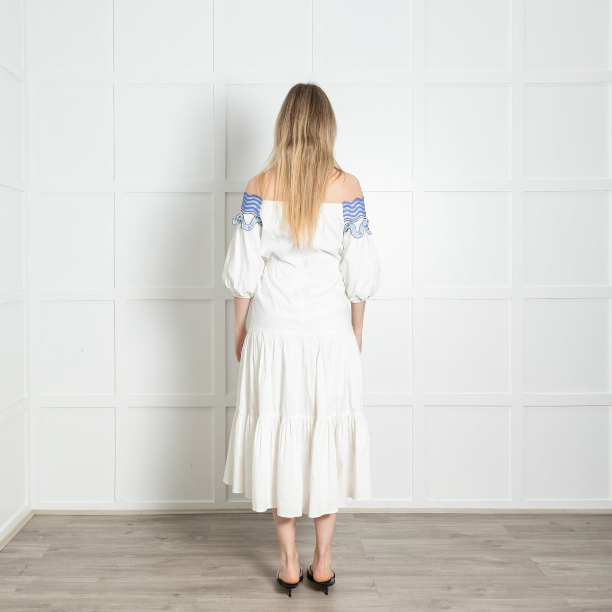 Peter Pilotto White Cotton Blue Lace Trim Tiered Midi Dress