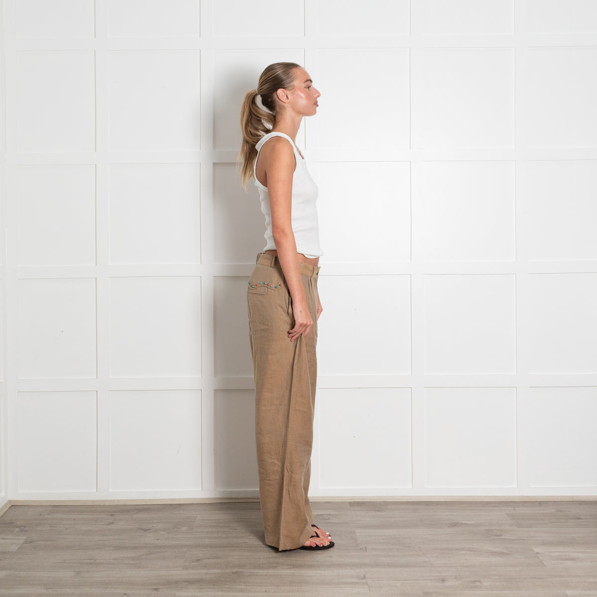 Mes Demoiselles Khaki Linen Look Studded Cigarette Pant