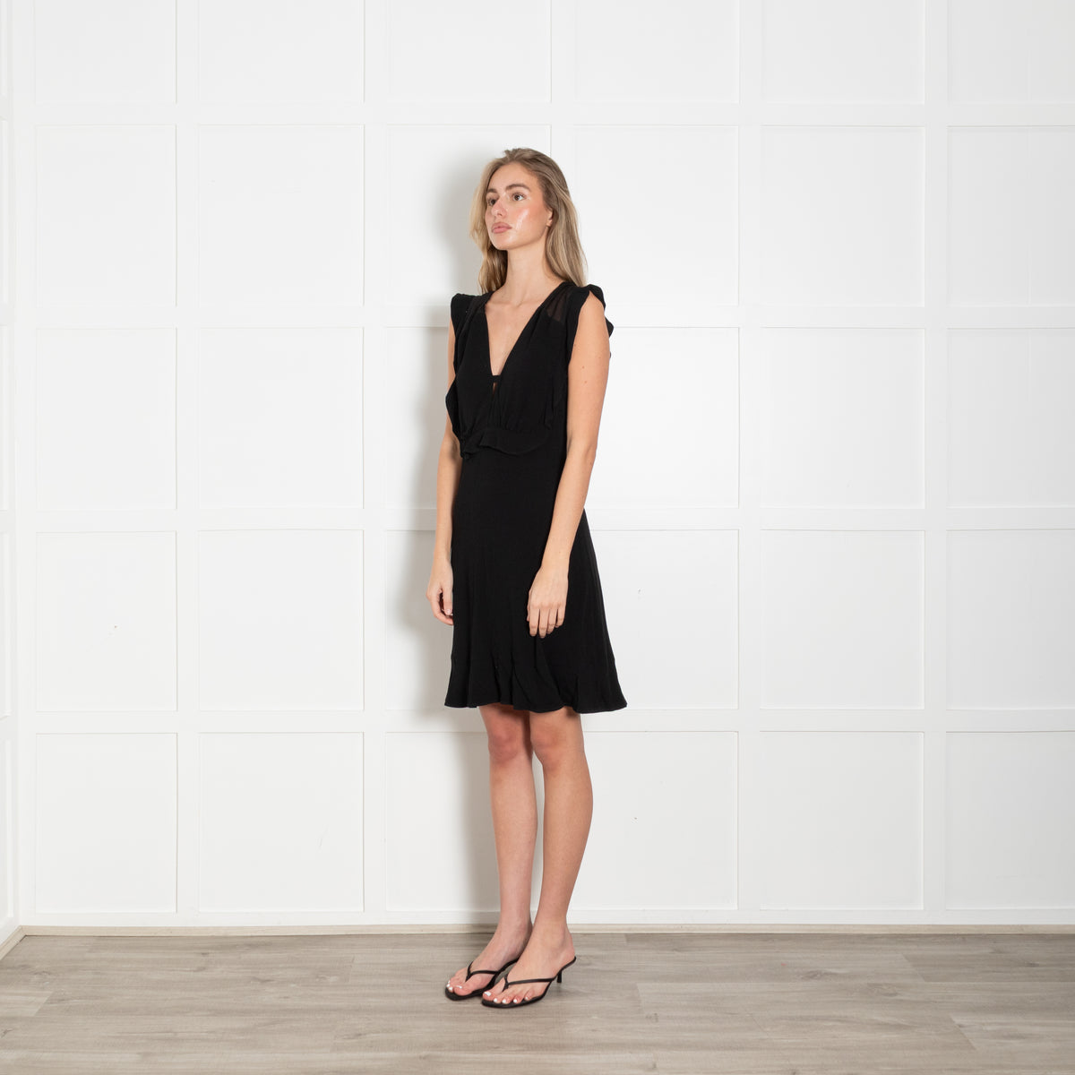Sandro Black Sleeveless Ruffle Detail Mini Dress