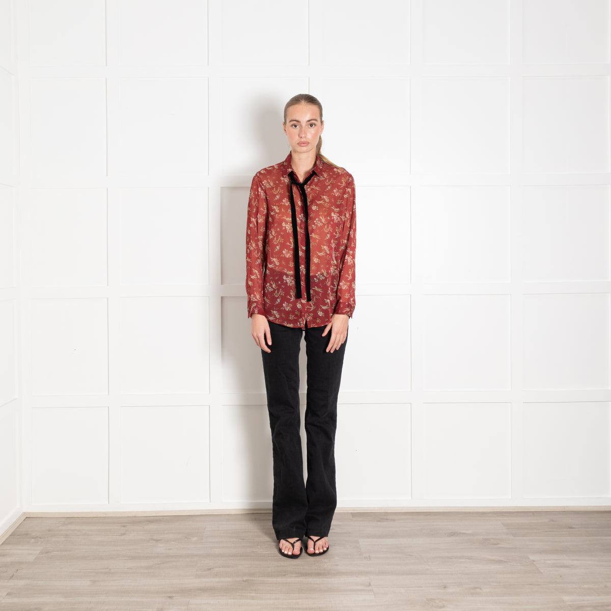 The Kooples Rust Floral Sheer Neck Tie Blouse