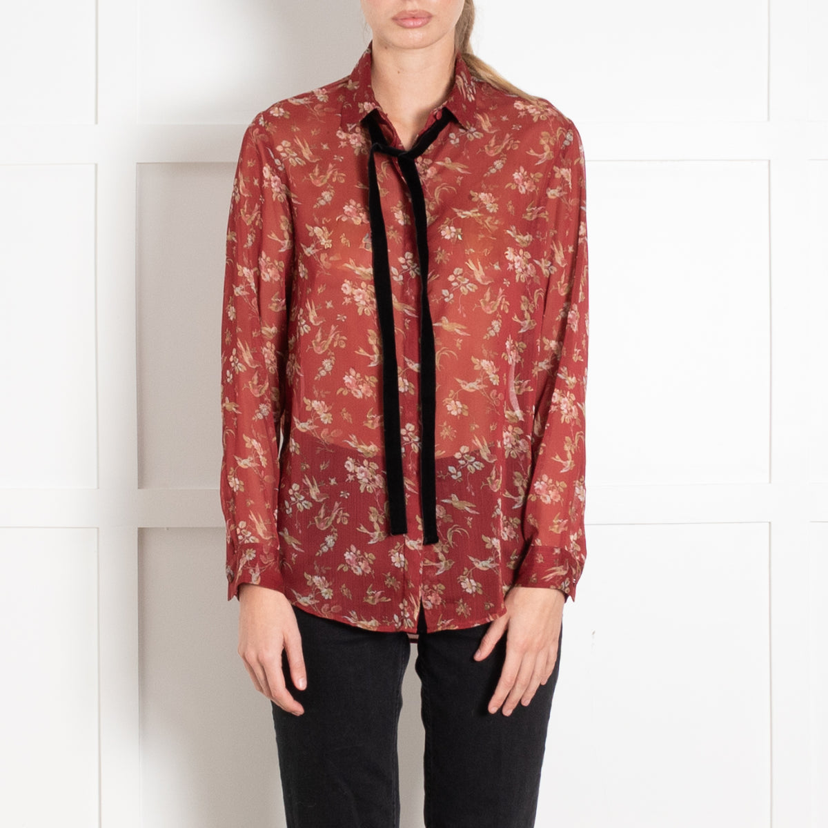 The Kooples Rust Floral Sheer Neck Tie Blouse